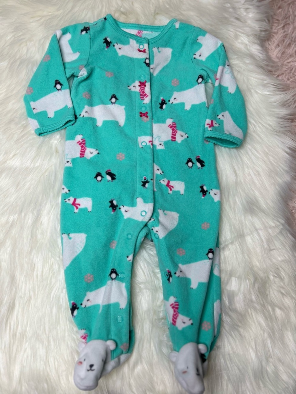 Carter's Teal Polar Bear & Penguin Fleece One-Piece Footie